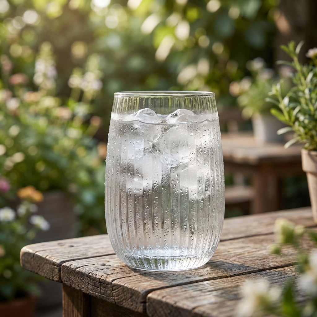 ES8040B ribbed clear glass tumbler with water, outdoor garden restaurant table