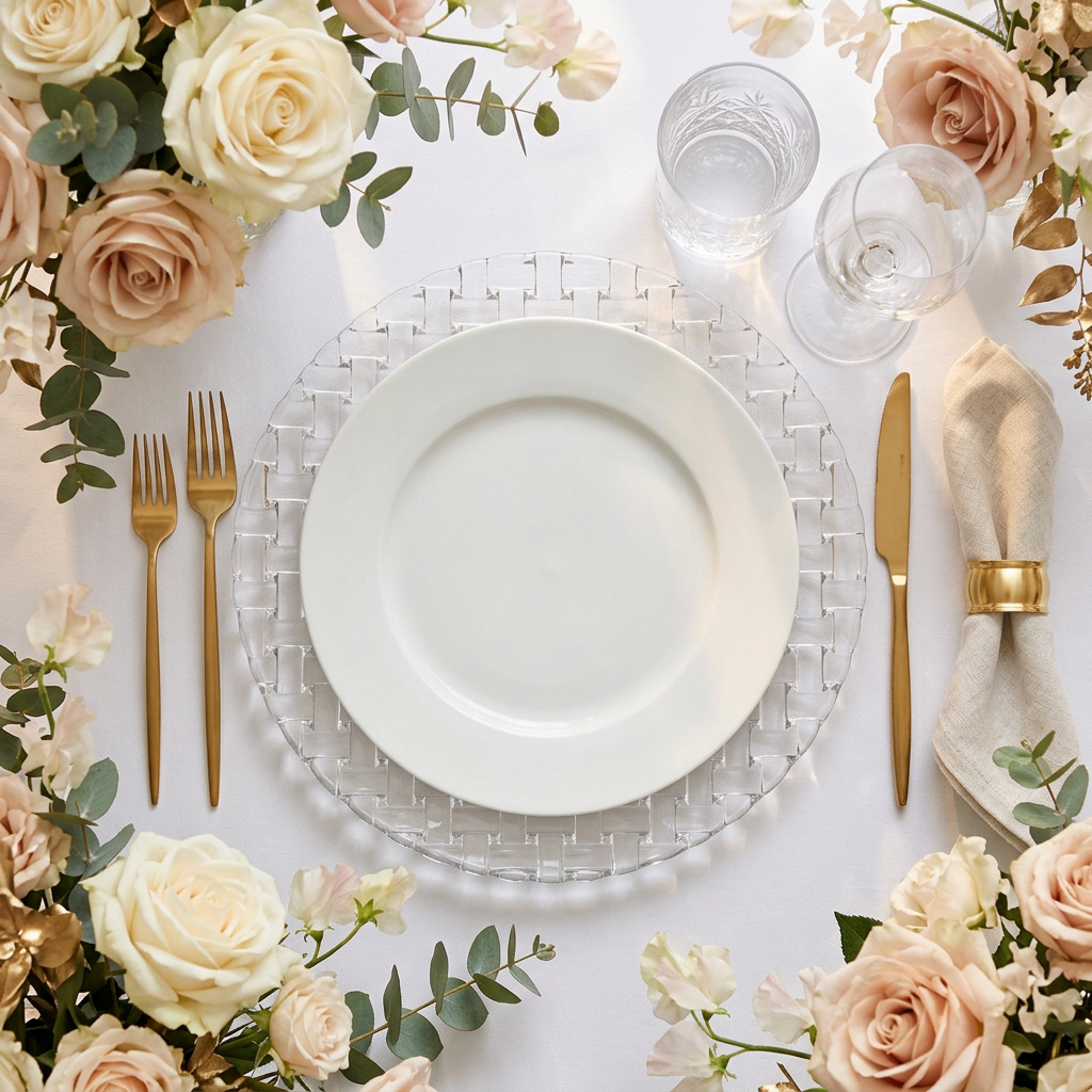 Charger Plate styled with white dinner plate, wedding table, overhead view